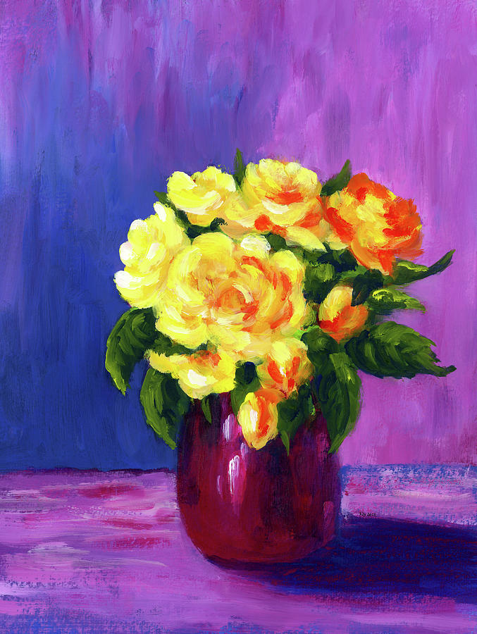 Yellow roses in a purple vase Painting by Karen Kaspar