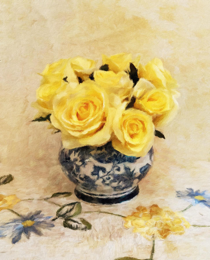 Yellow Roses in Blue and White Vase Photograph by Diane Lindon Coy