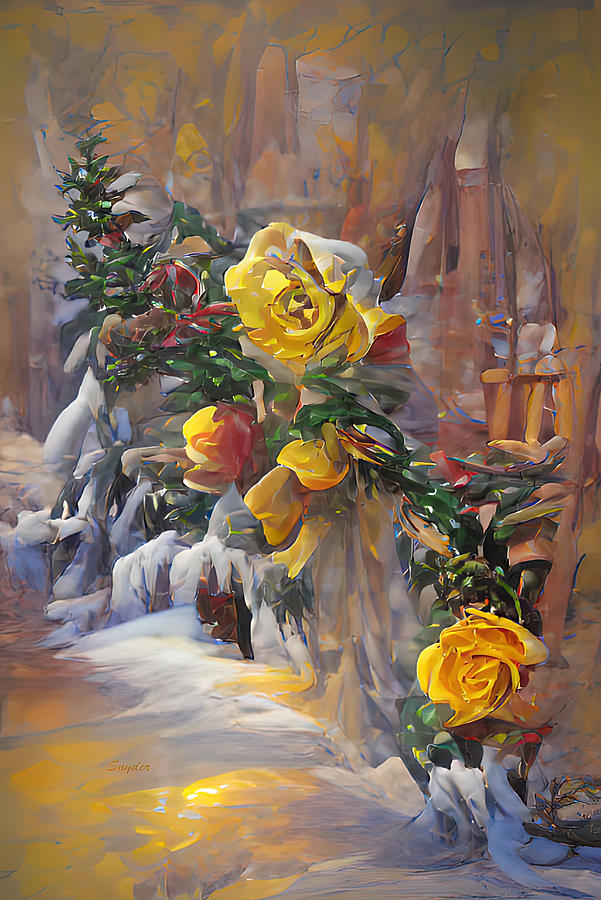 Yellow Roses in the Snow AI Digital Art by Floyd Snyder