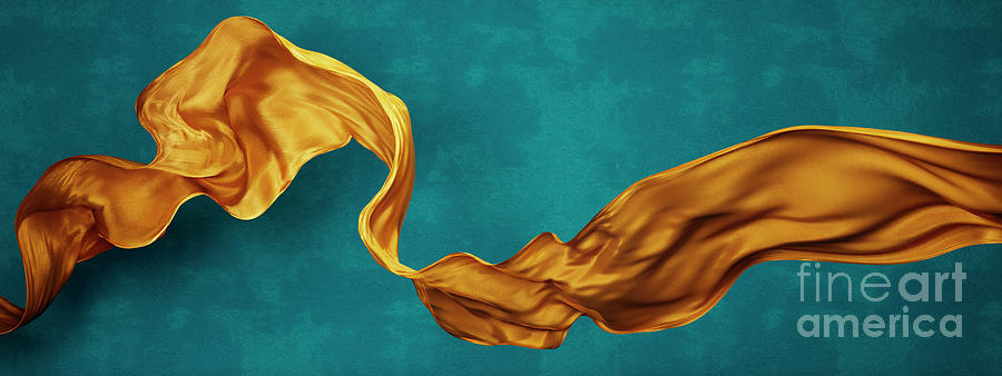 Yellow silk fabric floating in front of blue background wall. Fl Photograph by Jelena Jovanovic