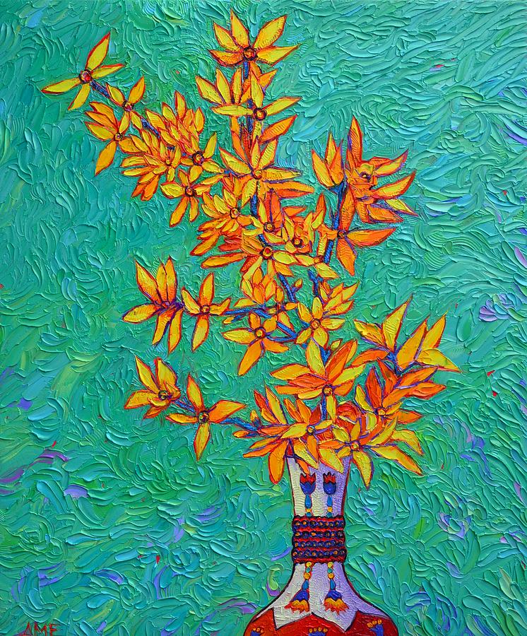 YELLOW SPRING BLOOM FORSYTHIA ON TURQUOISE commissioned painting flowers art Ana Maria Edulescu Painting by Ana Maria Edulescu