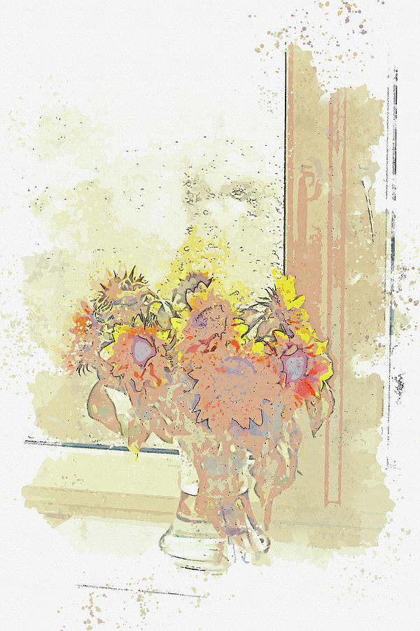 Yellow Sunflowers In Clear Glass Vase, watercolor, ca 2020 by Ahmet Asar Digital Art by Celestial Images