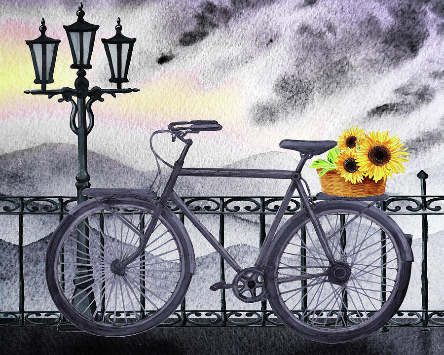 Yellow Sunflowers In The Basket Of Bicycle Watercolor  Painting by Irina Sztukowski
