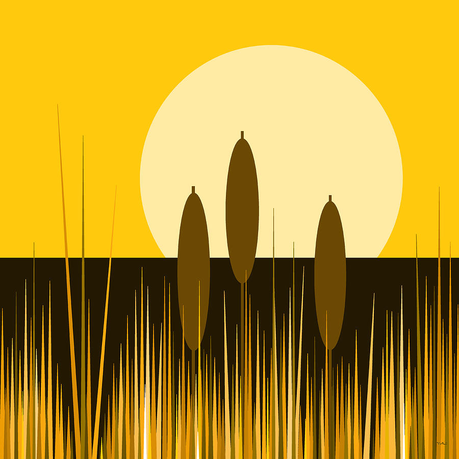 Yellow Sunrise and Cattails Digital Art by Val Arie