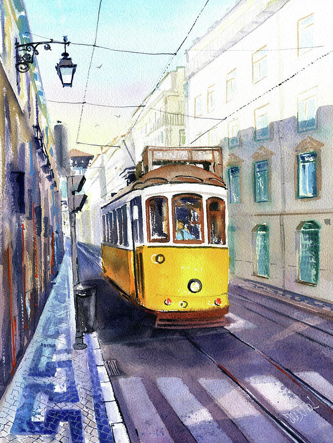 Yellow Tram In Lisbon Portugal Painting Painting by Dora Hathazi Mendes
