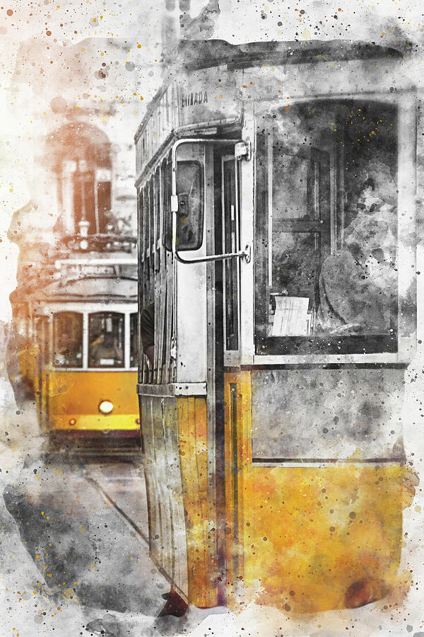 Yellow Trams of Lisbon Portugal Watercolor Splash Photograph by Carol Japp