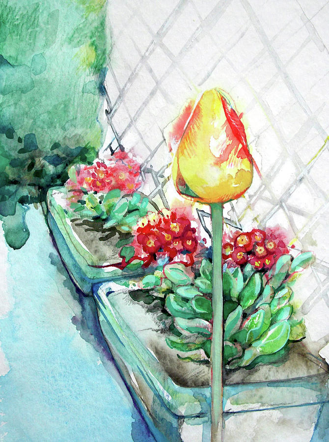 Yellow Tulip and primroses Painting by Katya Atanasova