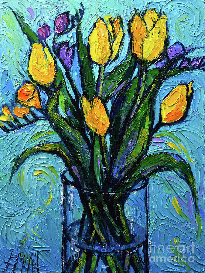 Yellow Tulips And Freesia Painting by Mona Edulesco