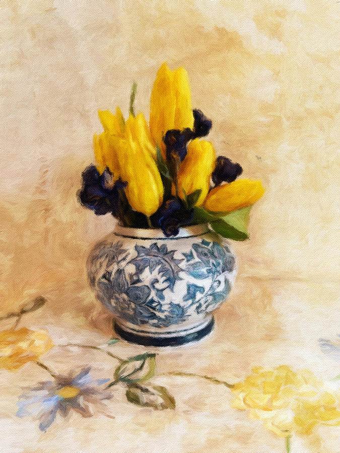 Yellow Tulips in Blue and White Vase Photograph by Diane Lindon Coy