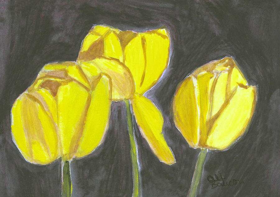 Yellow Tulips on a Black Background Watercolor Painting Painting by Ali Baucom