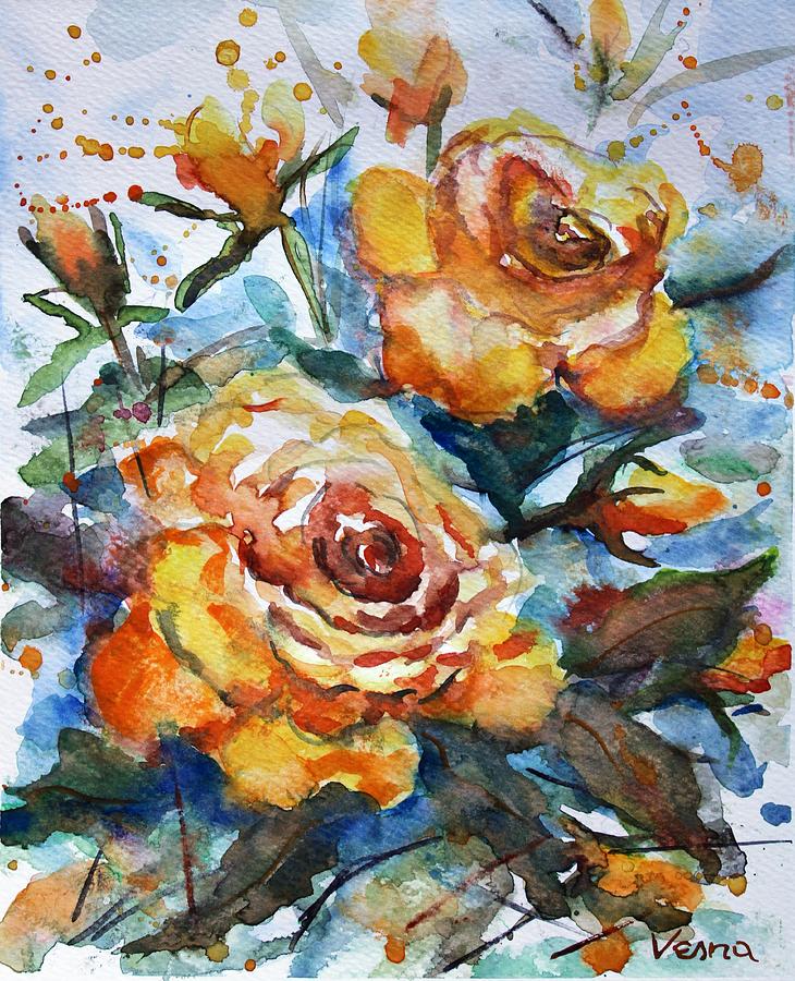 Yellow Watercolor Roses Painting by Vesna Martinjak