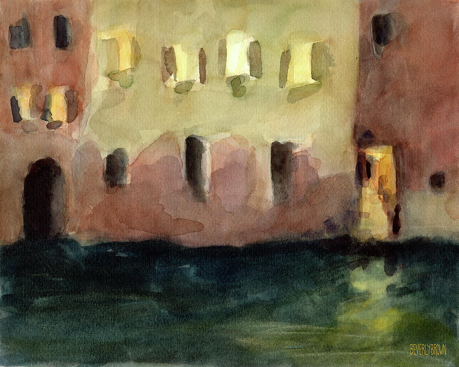 Venice Painting - Yellow Windows at Night Watercolor Painting of Venice Italy by Beverly Brown