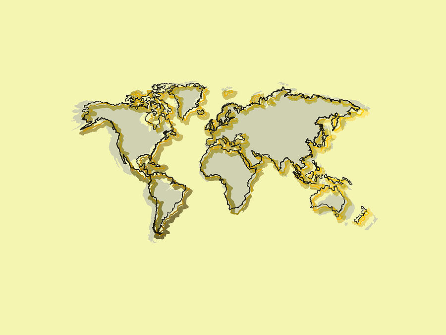 Yellowish World Map Drawing Digital Art