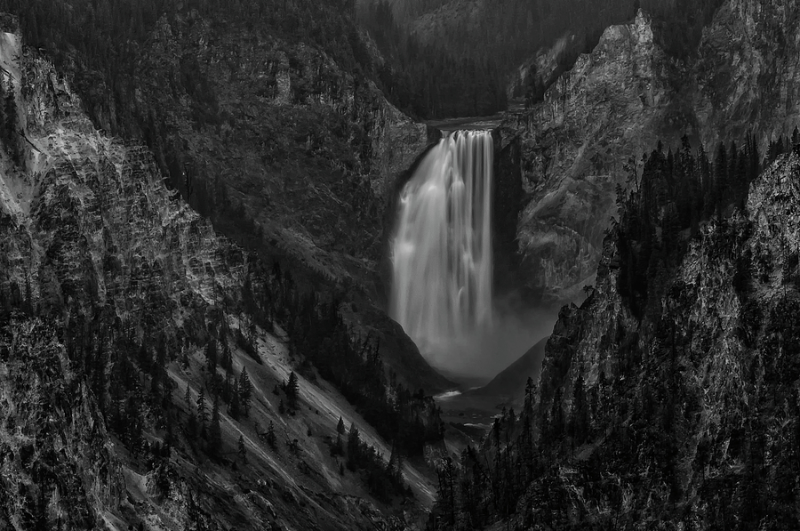 Yellowstone Falls in the Mist - Black and White Photograph by Loree Johnson