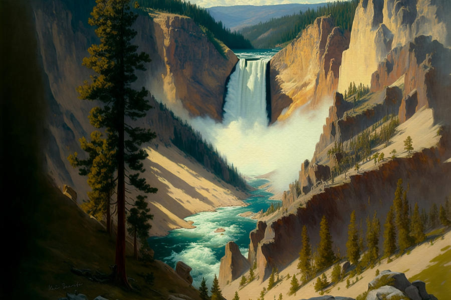 Yellowstone Falls seen from Artist Point Painting by Kai Saarto
