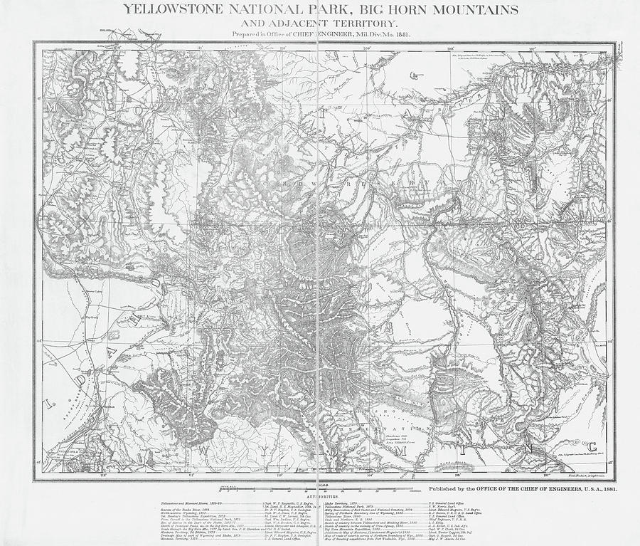 Yellowstone National Park 1881 Historical Map Black And White 