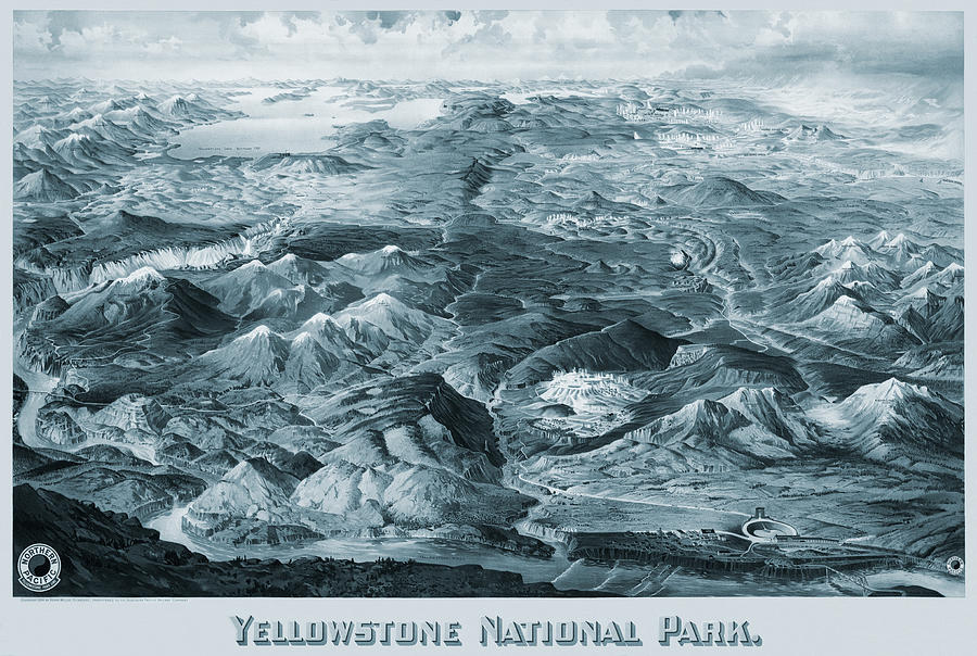 Yellowstone National Park Historical Map Birds Eye View 1904 Blue Photograph by Carol Japp