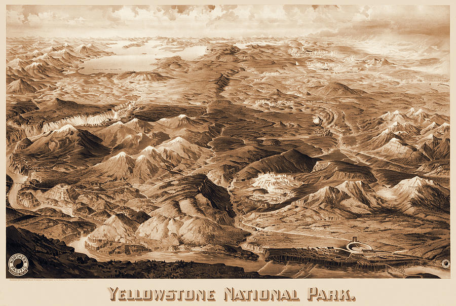 Yellowstone National Park Historical Map Birds Eye View 1904 Sepia Photograph by Carol Japp