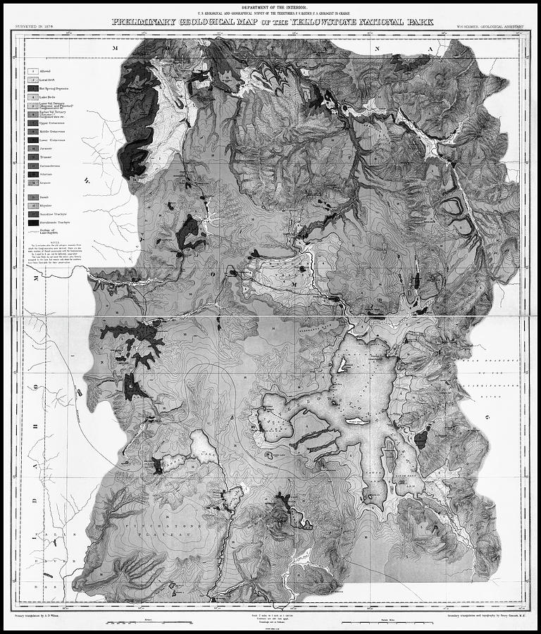 Yellowstone National Park Vintage Preliminary Geological Map 1878 Black and White  Photograph by Carol Japp
