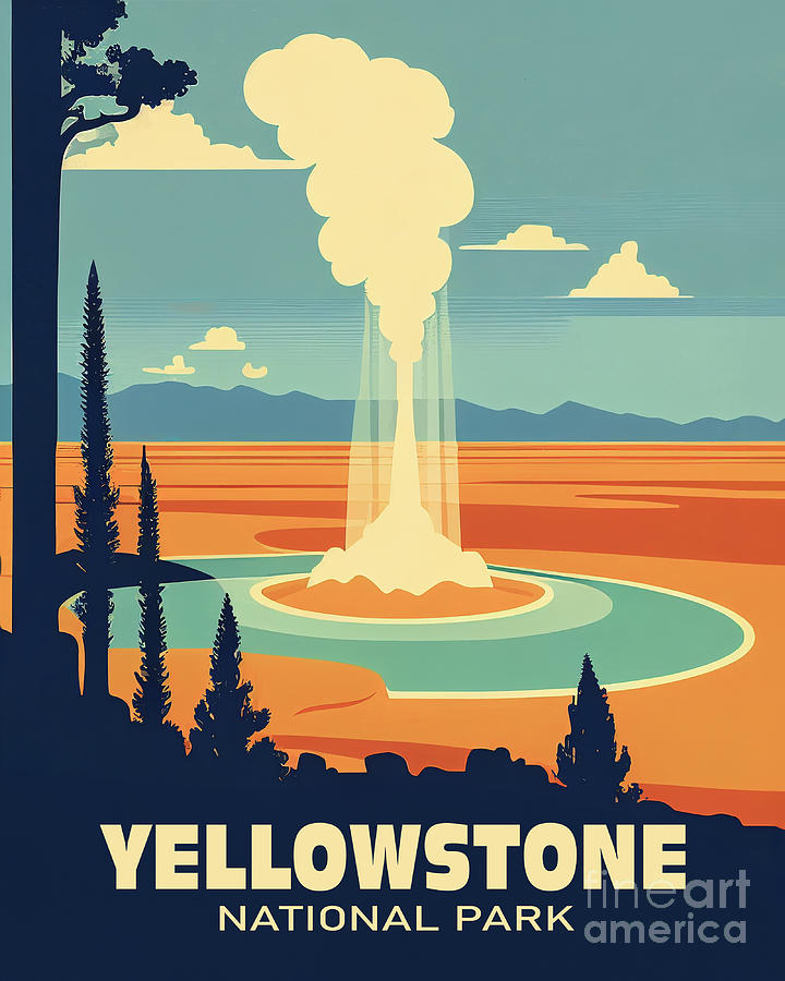 Yellowstone National Park Digital Art - Yellowstone National Park, vintage travel poster by Delphimages Photo Creations