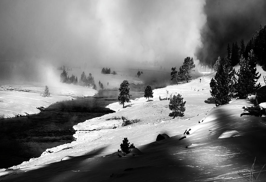 Yellowstone Winter Geyser Basin Monochrome Photograph Photograph by Greg Sigrist