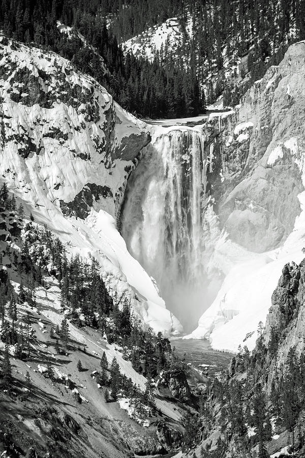 Yellowstones Lower Falls in Winter Black and White Photograph by Bruce Gourley