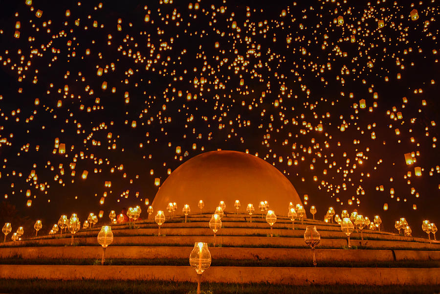 Yi Peng in Thailand Floating Lanterns : Thailand Photograph by Nanut Bovorn