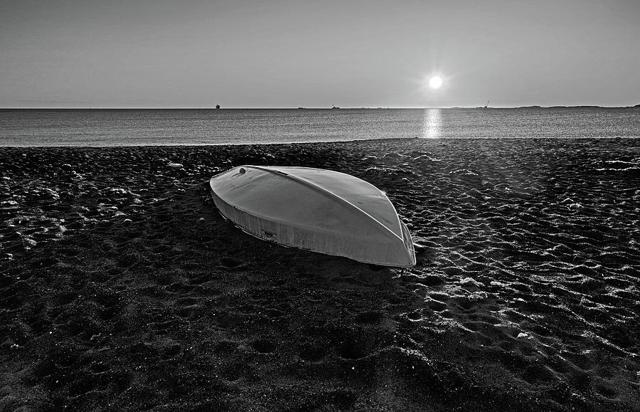 Yirrell Beach Sunrise Winthrop MA Boat Black and White Photograph by Toby McGuire