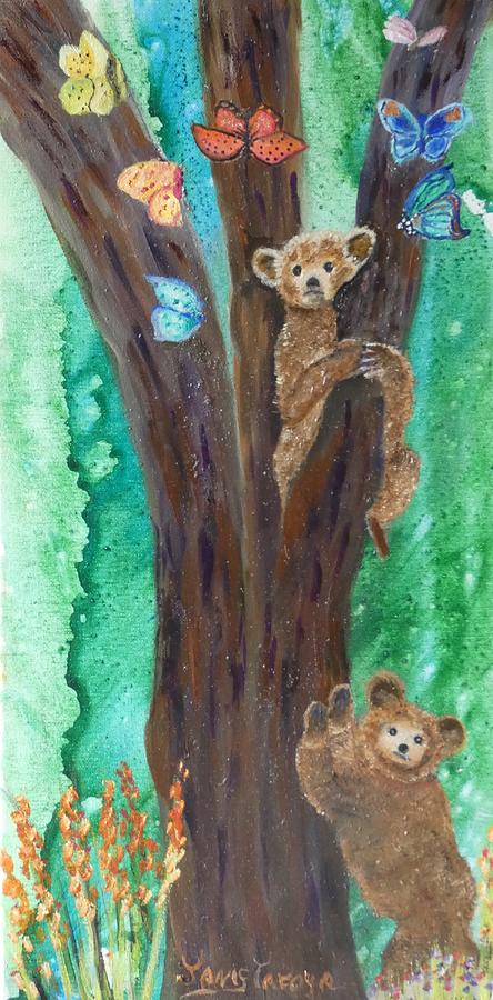Yoga Bears in Colorado Forest Painting by Janis Tafoya