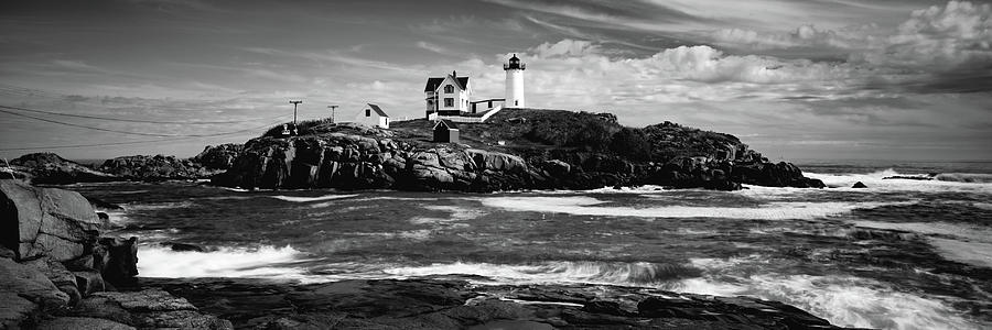 York Maine Cape Neddick Nubble Lighthouse Monochrome Panorama Photograph by Gregory Ballos