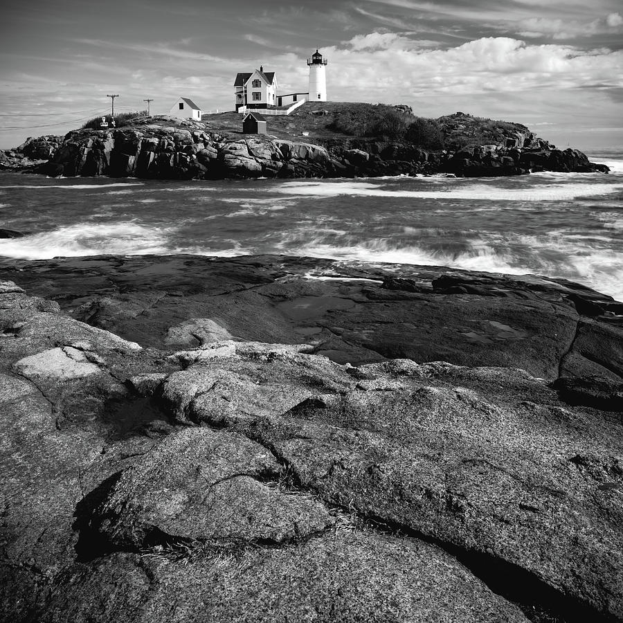 York Maine Nubble Light From The Mainland - Black And White Photograph ...