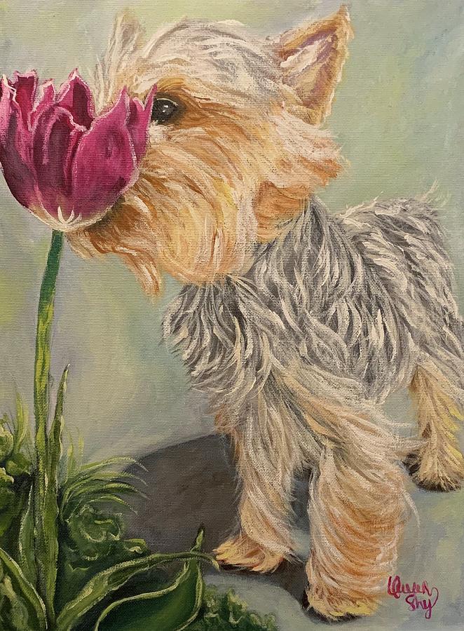Yorkie and Tulip Painting by Queen Gardner