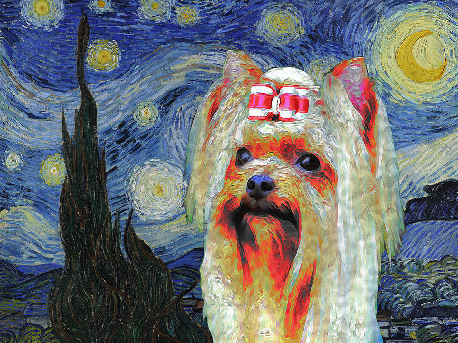 Yorkshire Terrier Yorkie Dog Art Starry Night Van Gogh Yorkshire Terrier Dog Print Painting by Sandra Sij