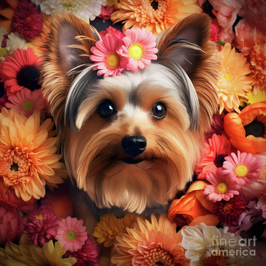 Flower Digital Art - Yorkshire Terriers Floral Elegance by Vintage Treasure