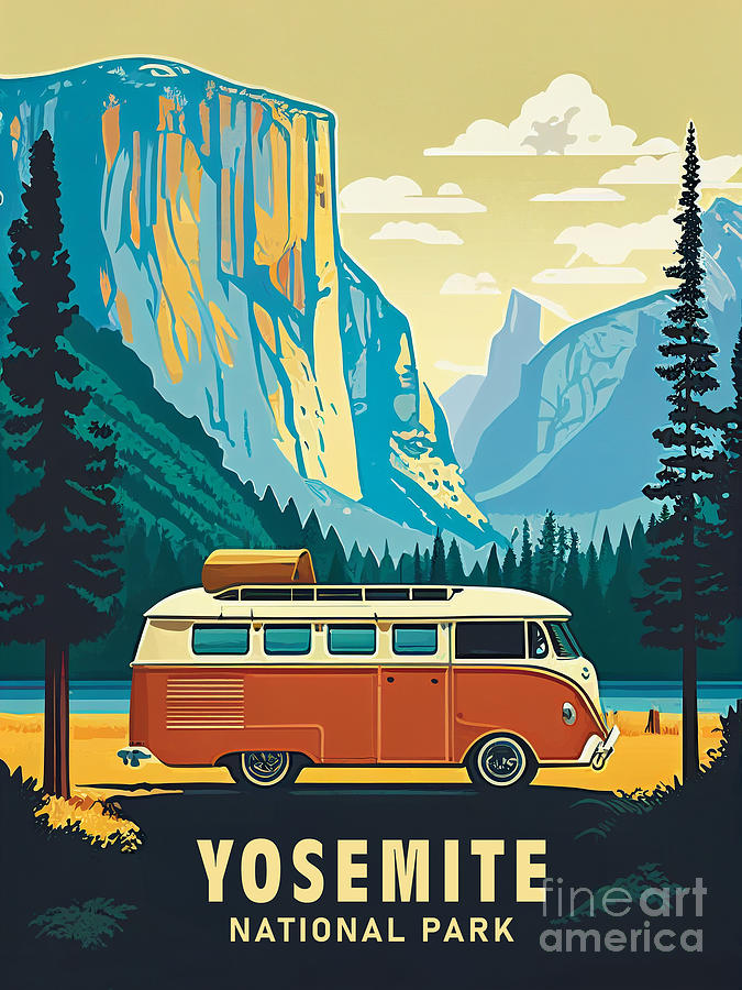 Yosemite National Park Digital Art - Yosemite, camper vintage travel poster by Delphimages Photo Creations