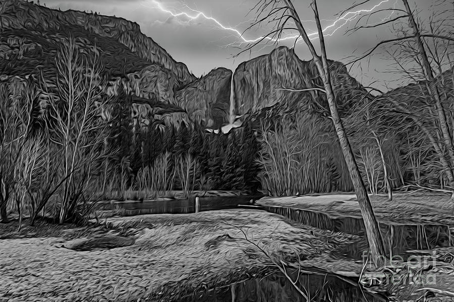 Yosemite Falls Black White Lightning  Photograph by Chuck Kuhn