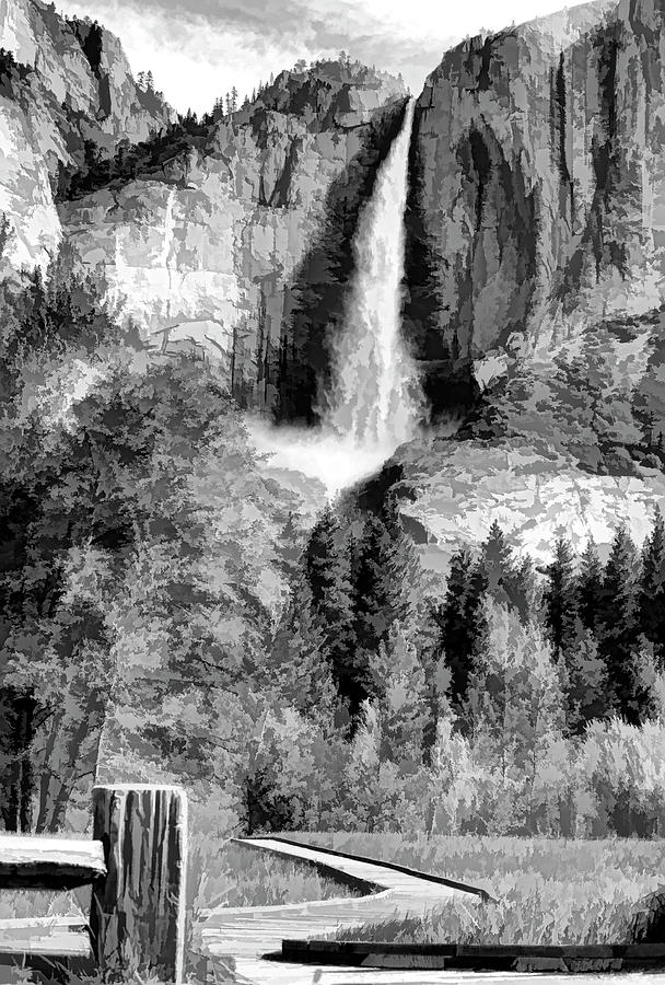 Yosemite National Park Digital Art - Yosemite Falls Digital Art BW by Chuck Kuhn