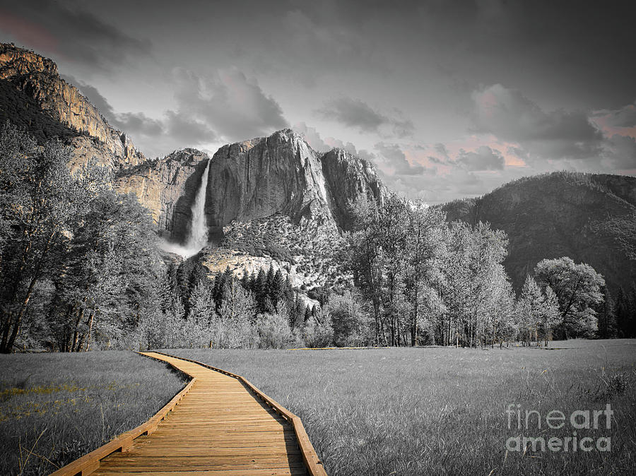 Yosemite Falls Media Mix BW Color  Photograph by Chuck Kuhn