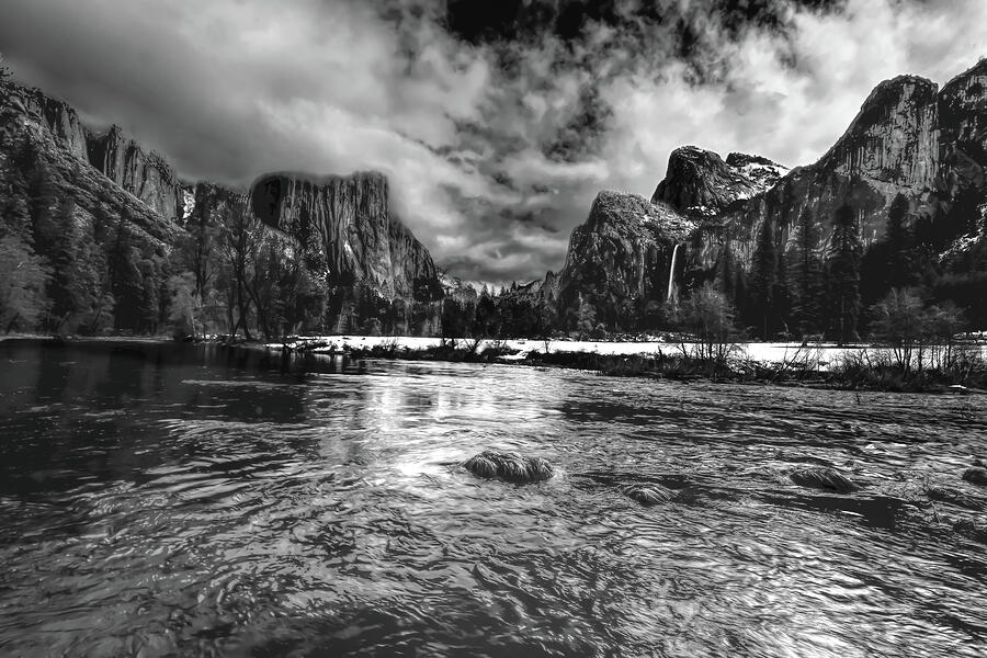 Yosemite Merced River Valley View in Black and White. Photograph by Norma Brandsberg