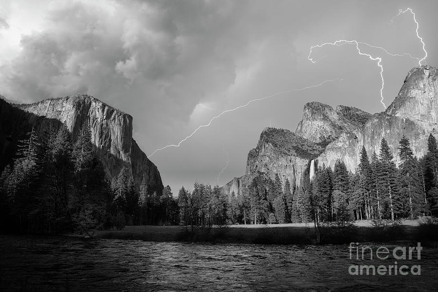 Yosemite National Park Merced River Lightning bw Photograph by Chuck Kuhn