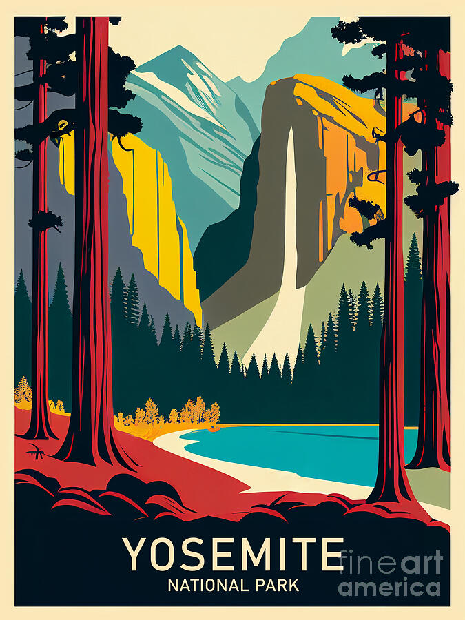 Yosemite National Park, vintage travel poster Digital Art by Delphimages Photo Creations