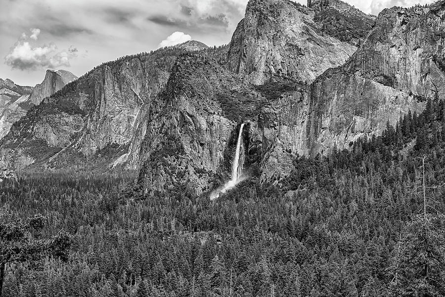 Yosemite Valley and Bridalveil Fall Monochrome Photograph by Joseph S Giacalone