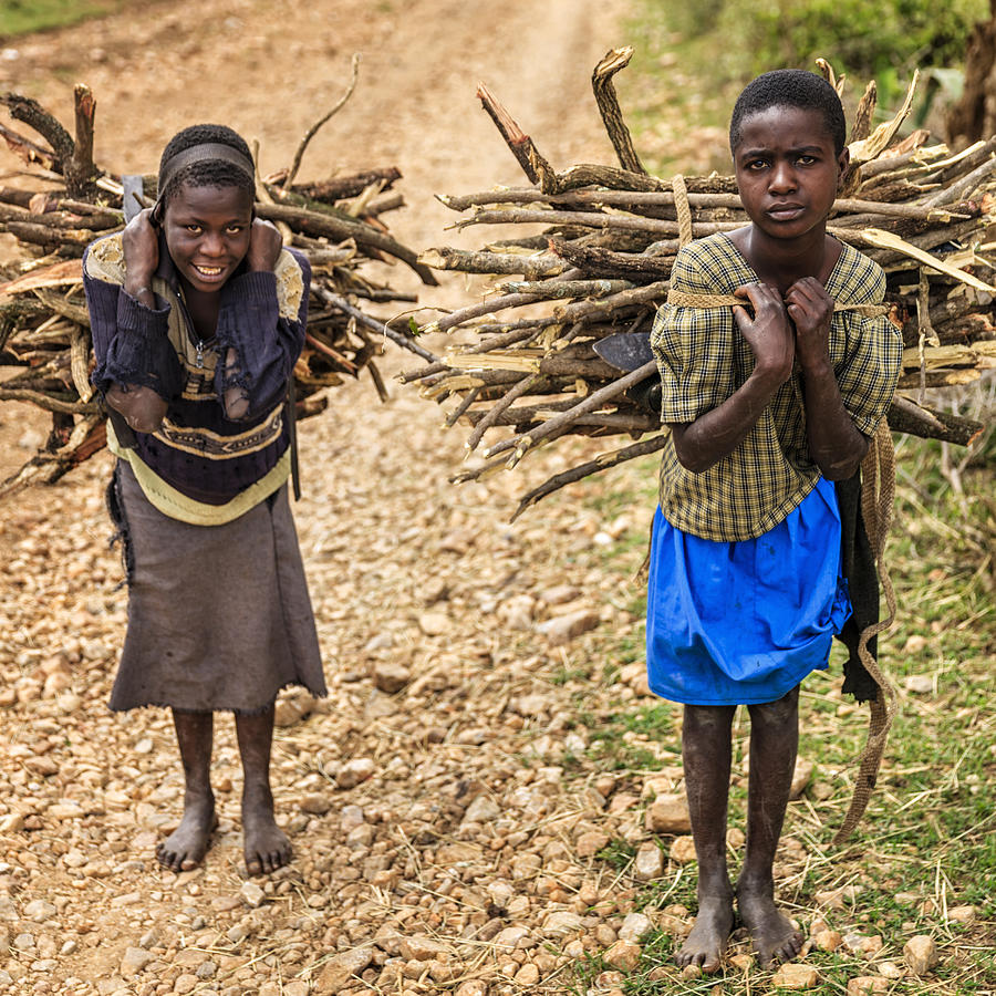 Young African girls carrying brushwood, southern Kenya, East Africa Photograph by Bartosz Hadyniak