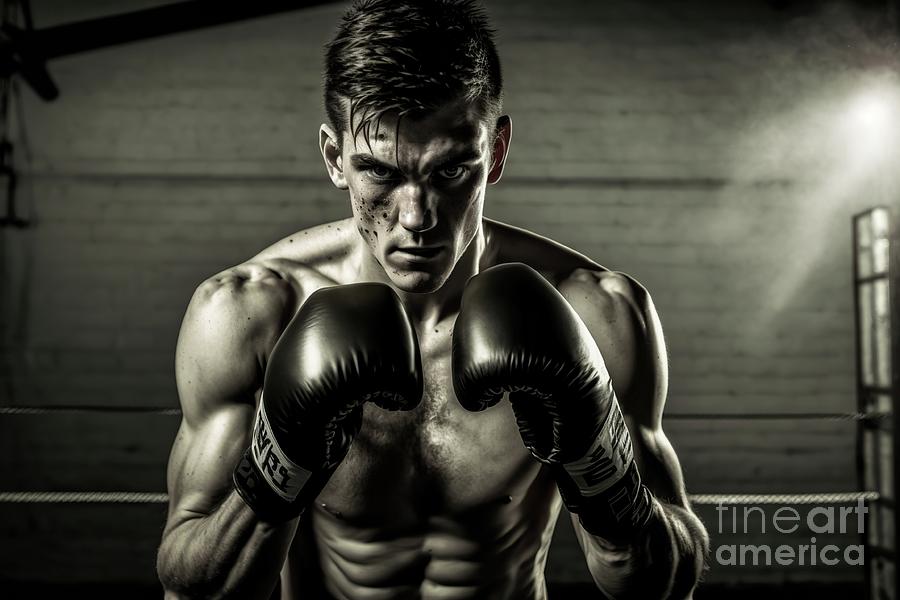 Young and muscular white man with boxing gloves, challenger faci by Joaquin  Corbalan