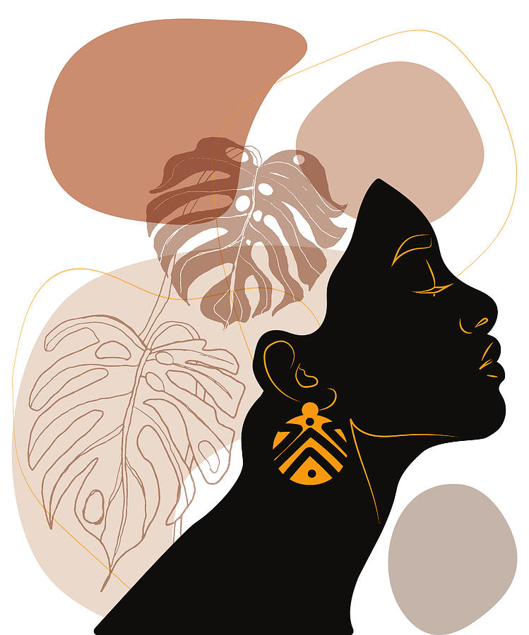 Ethnic Drawing - Young beautiful african american woman with stylish tribal round earrings womens day Natural Beauty by Mounir Khalfouf