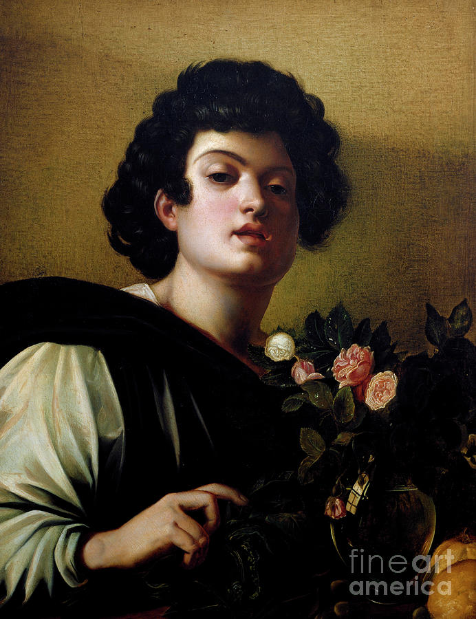 Young boy in the vase of roses Painting by Caravaggio