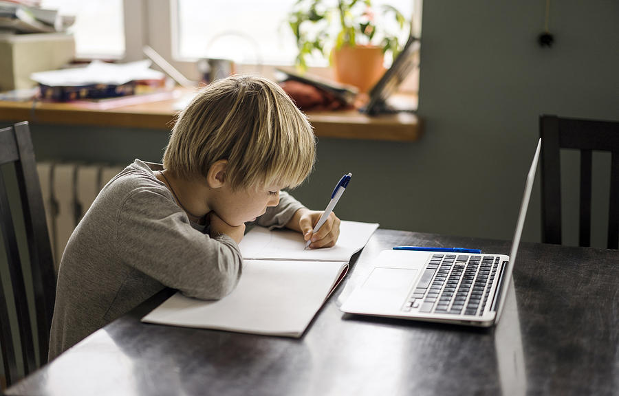 Young boy making notes while using laptop Photograph by Hans Neleman Young boy making notes while using laptop Photograph by Hans Neleman