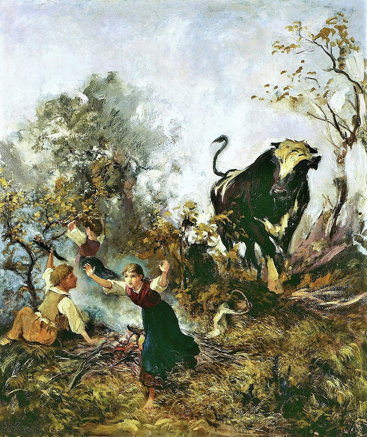 Animal Painting - Young bull, terrifying children - Digital Remastered Edition by Rudolf Koller
