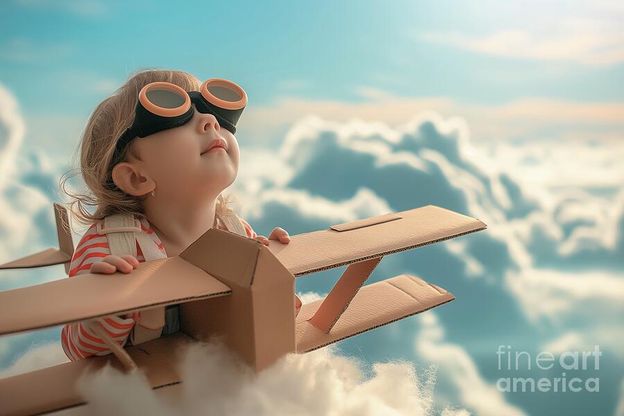 Young child playing on cardboard airplane toy. Photograph by Joaquin Corbalan