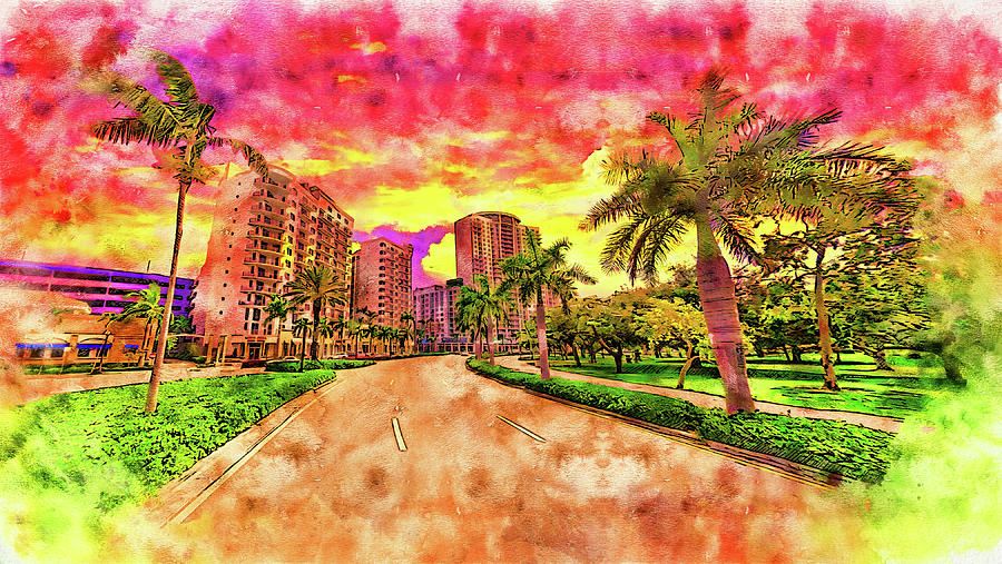 Young Circle Park in downtown Hollywood, Florida, at sunset - pen and watercolor Digital Art by Nicko Prints